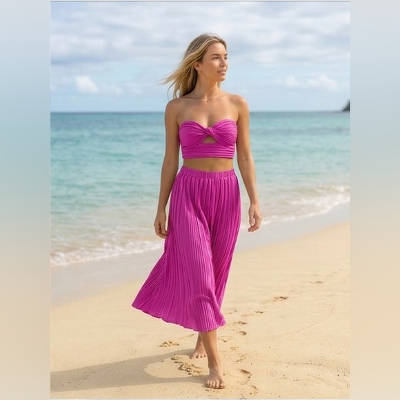 Twist-Front Crop Top & Flowy Pleated  Maxi Skirt Set Pink - Picture 8 of 10